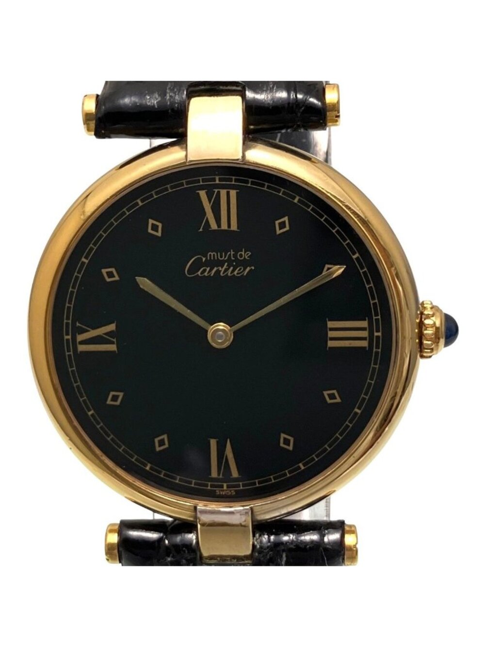 Cartier Must Vendome Vermeil Watch Leather Quartz Black Dial